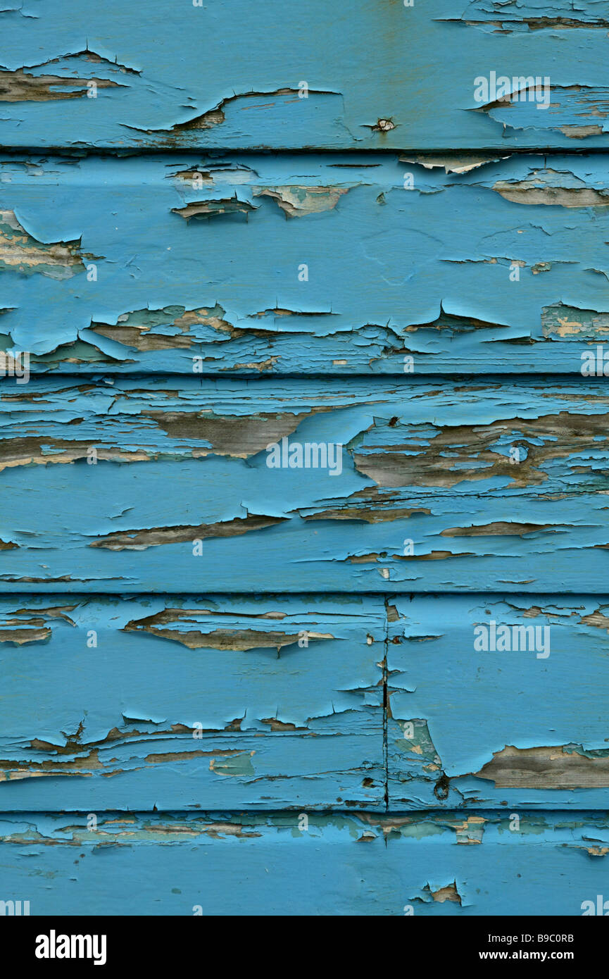 old worn paintwork showing the paint peeling off the wooden wall of a weather worn beach hut Stock Photo