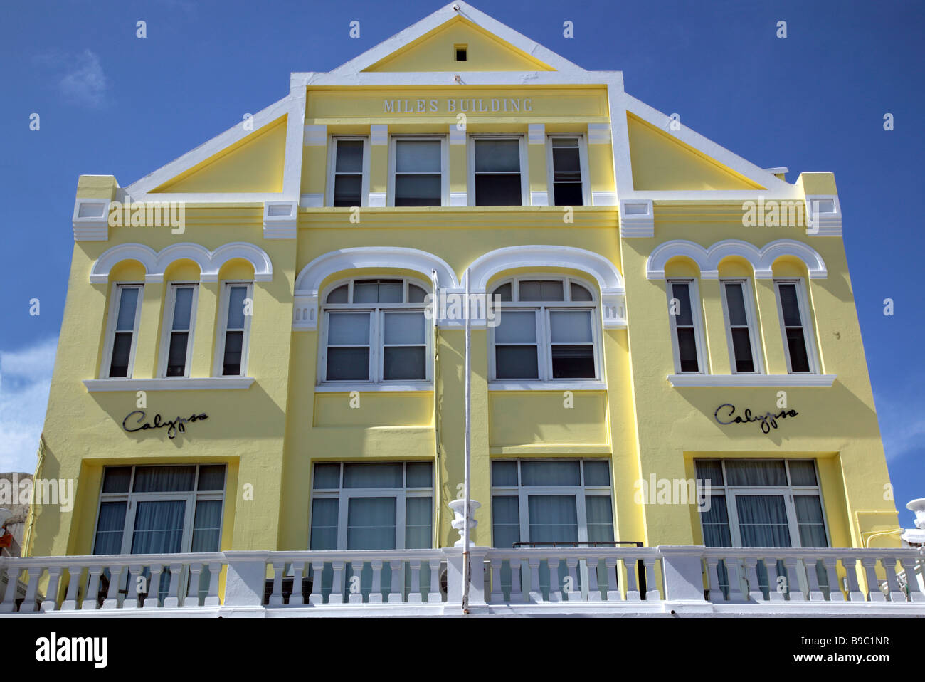 Close-up shot of the Miles Building, Front Street, City of Hamilton, Bermuda Stock Photo