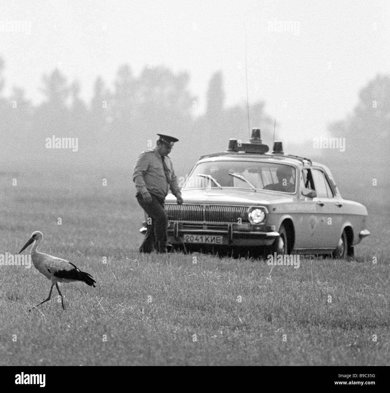 A traffic police inspector walking about the police car parked in the