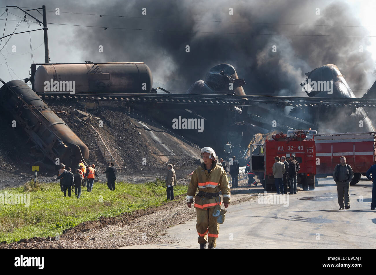 A diesel fuel train derailed and caught fire in a railroad near Ryazan
