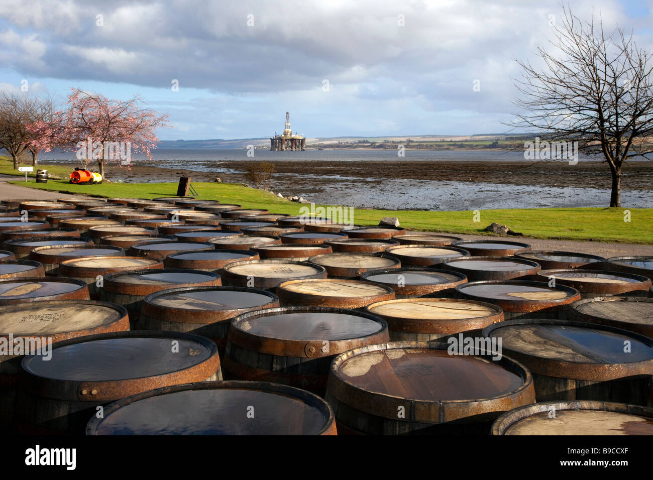 Scottish oil Industry Drilling Rig in port & Scotch Whisky barrels at