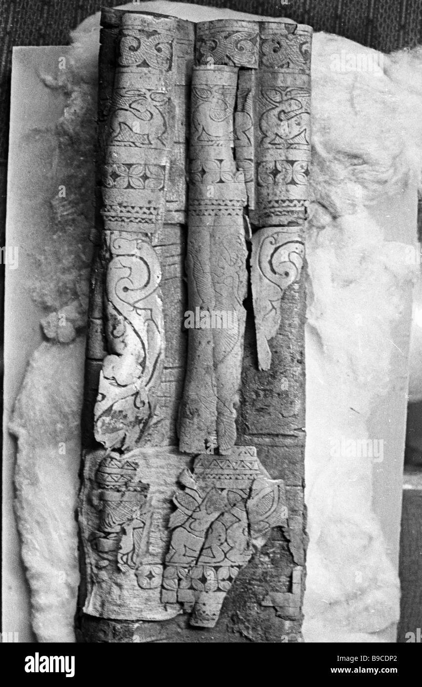 An inlaid birch bark quiver found by archaeologists in the burial