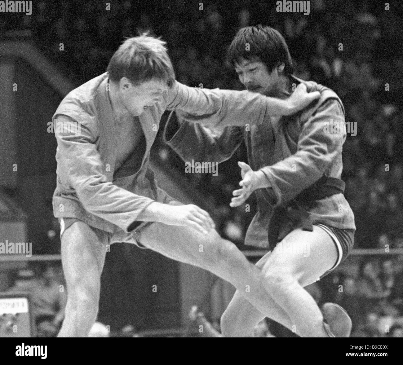 Soviet and Mongolian athletes Nikolai Baranov left and Ts Damdin in the