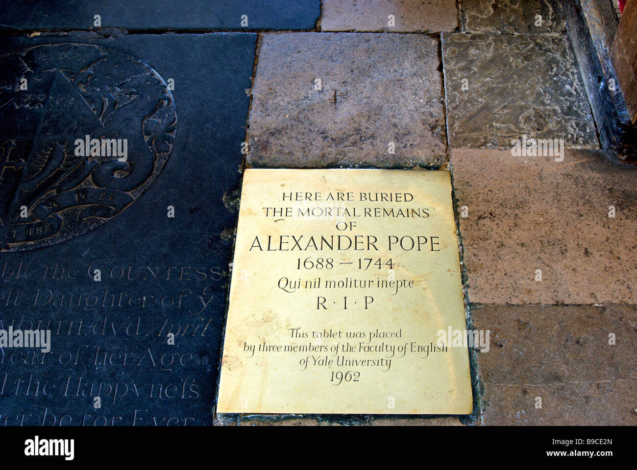 floor plate marking the burial place of eighteenth century poet and satirist alexander pope, st mary's church, twickenham Stock Photo