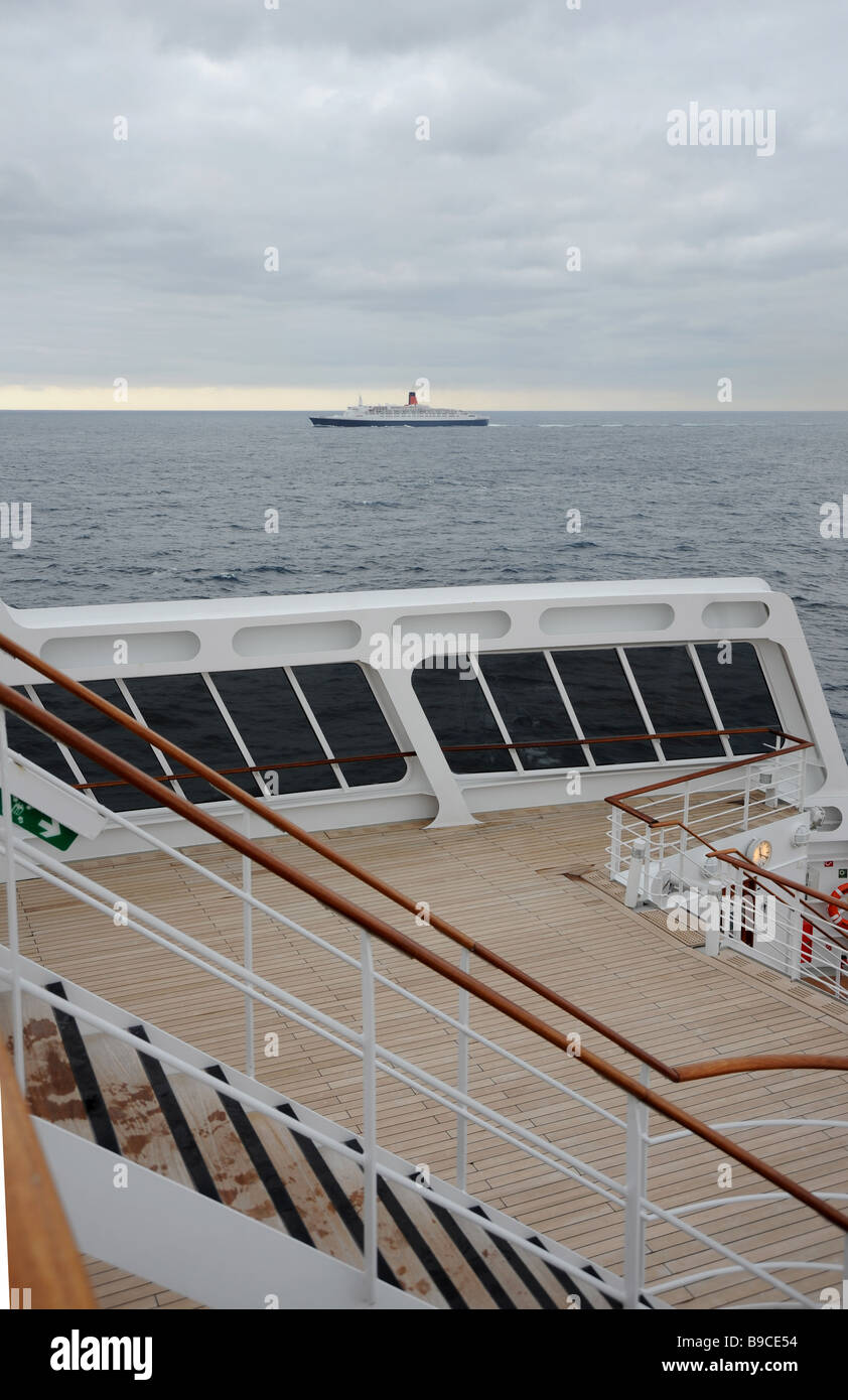 QE2 seen from the deck of the Queen Mary 2 during the October 2008