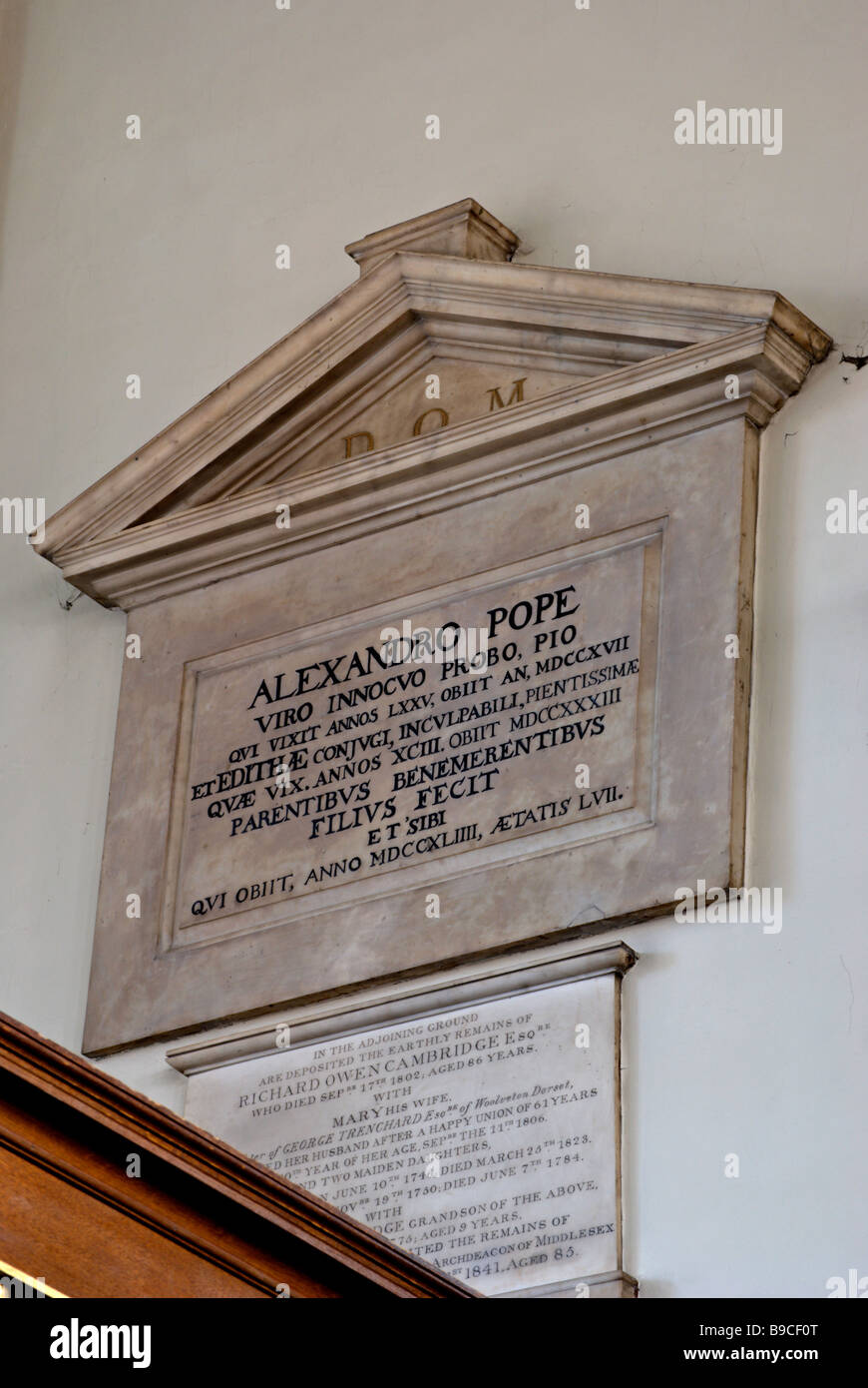 memorial in latin by francis bird to poet and satirist alexander pope, at st mary's church, twickenham, middlesex, england Stock Photo