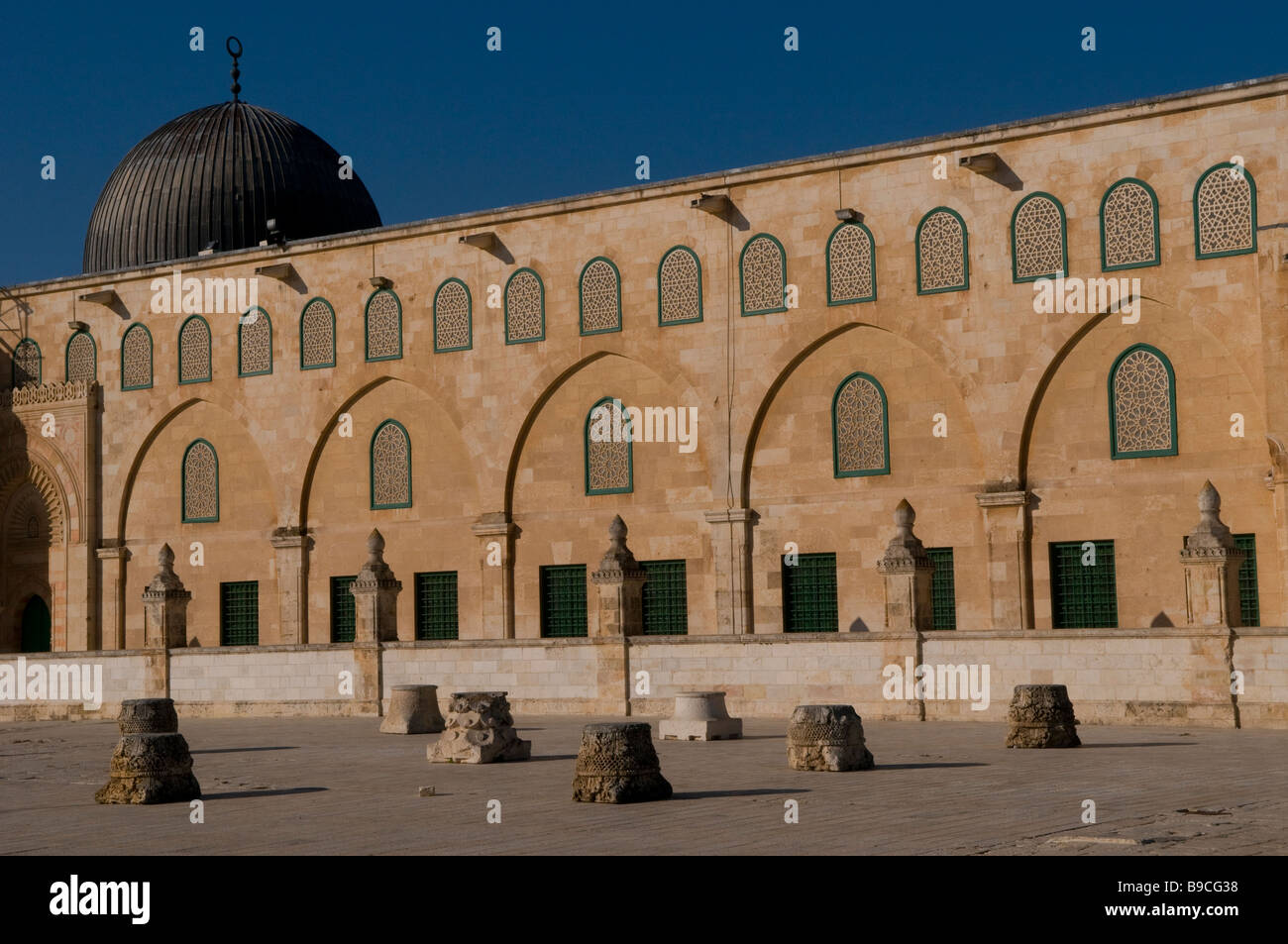 Side view of the Islamic shrine of El Aksa Mosque at the Temple Mount known as The Noble Sanctuary and to Muslims as the Haram esh-Sharif in Jerusalem Stock Photo
