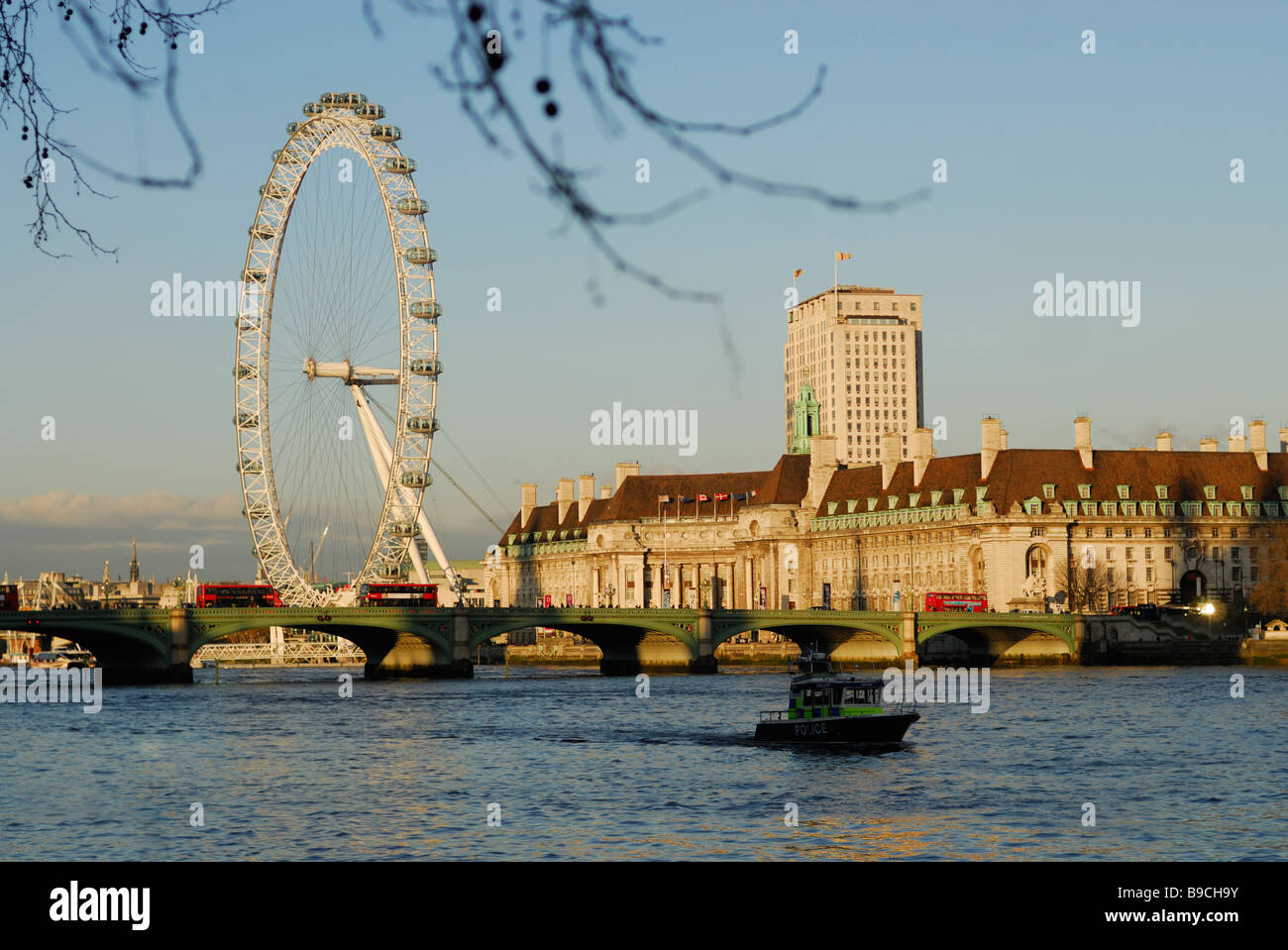 London Eye from across the River Thames in winter, London, England Stock Photo