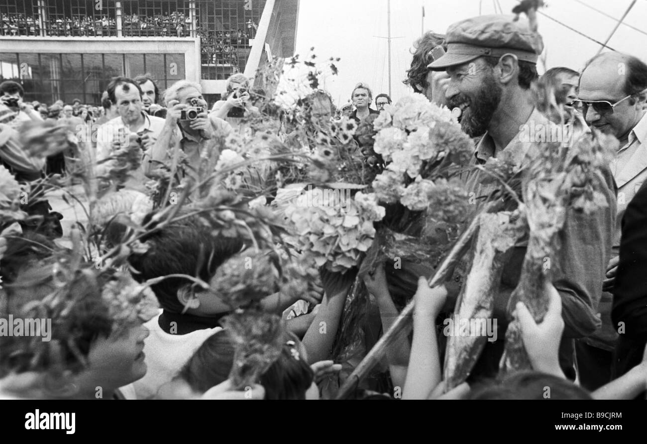 British explorer Tim Severin second right and members of his crew in