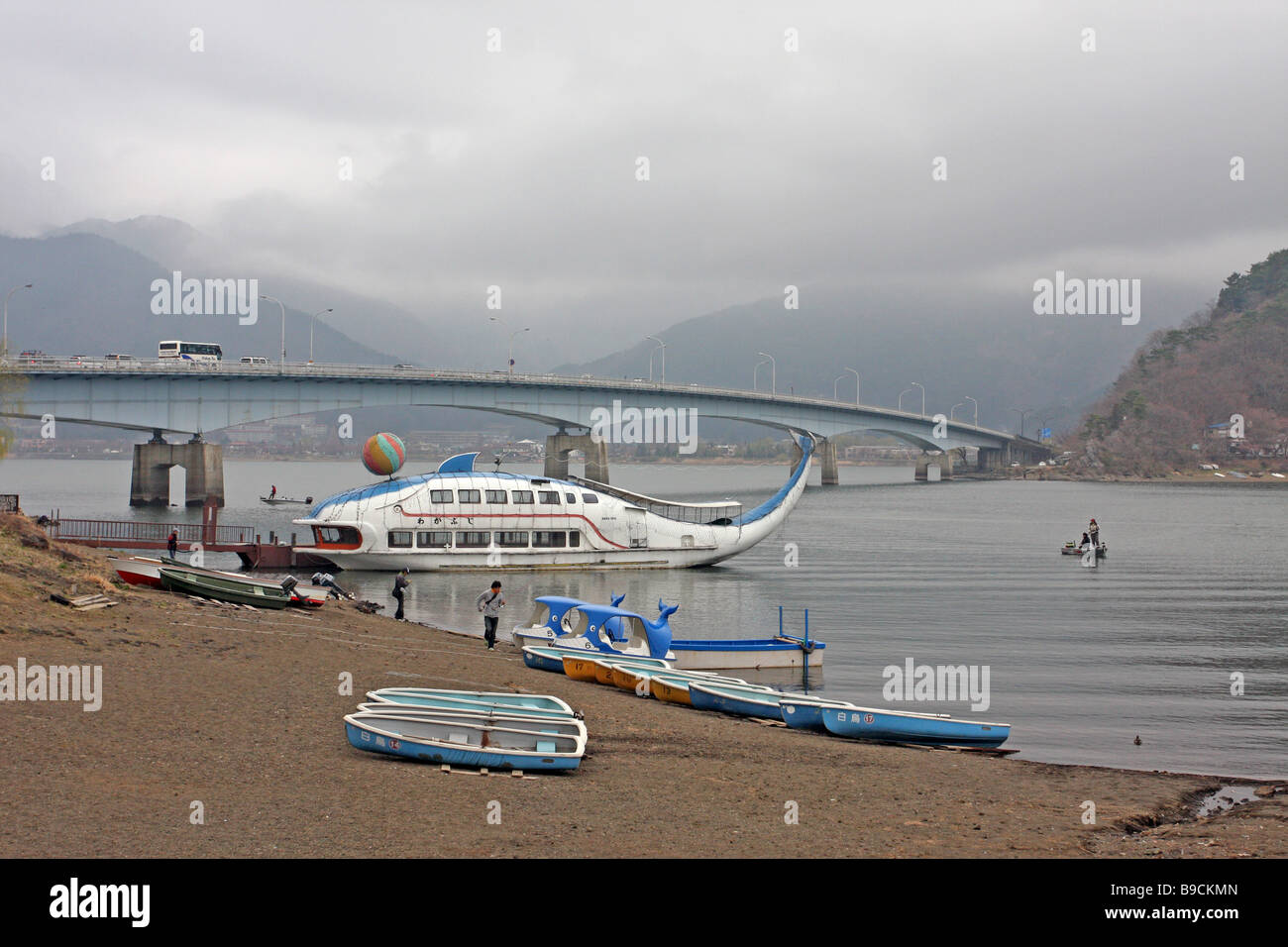 whale boat at lake kawaguchiko, japan Stock Photo