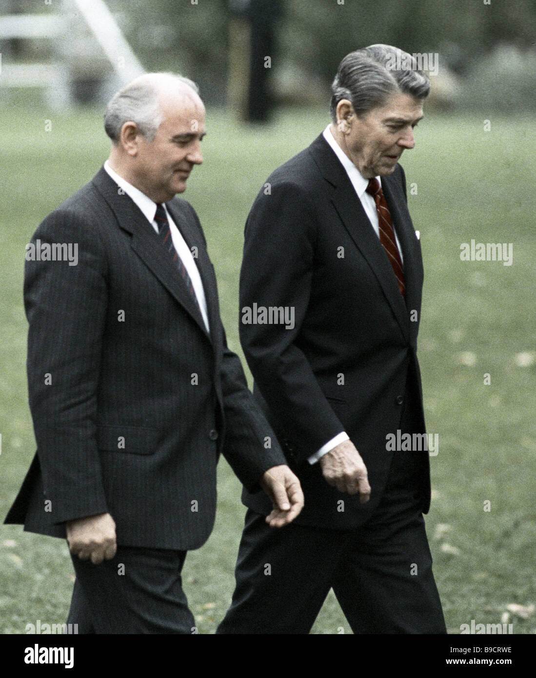 Mikhail Gorbachev left and Ronald Reagan talking during a walk Stock ...