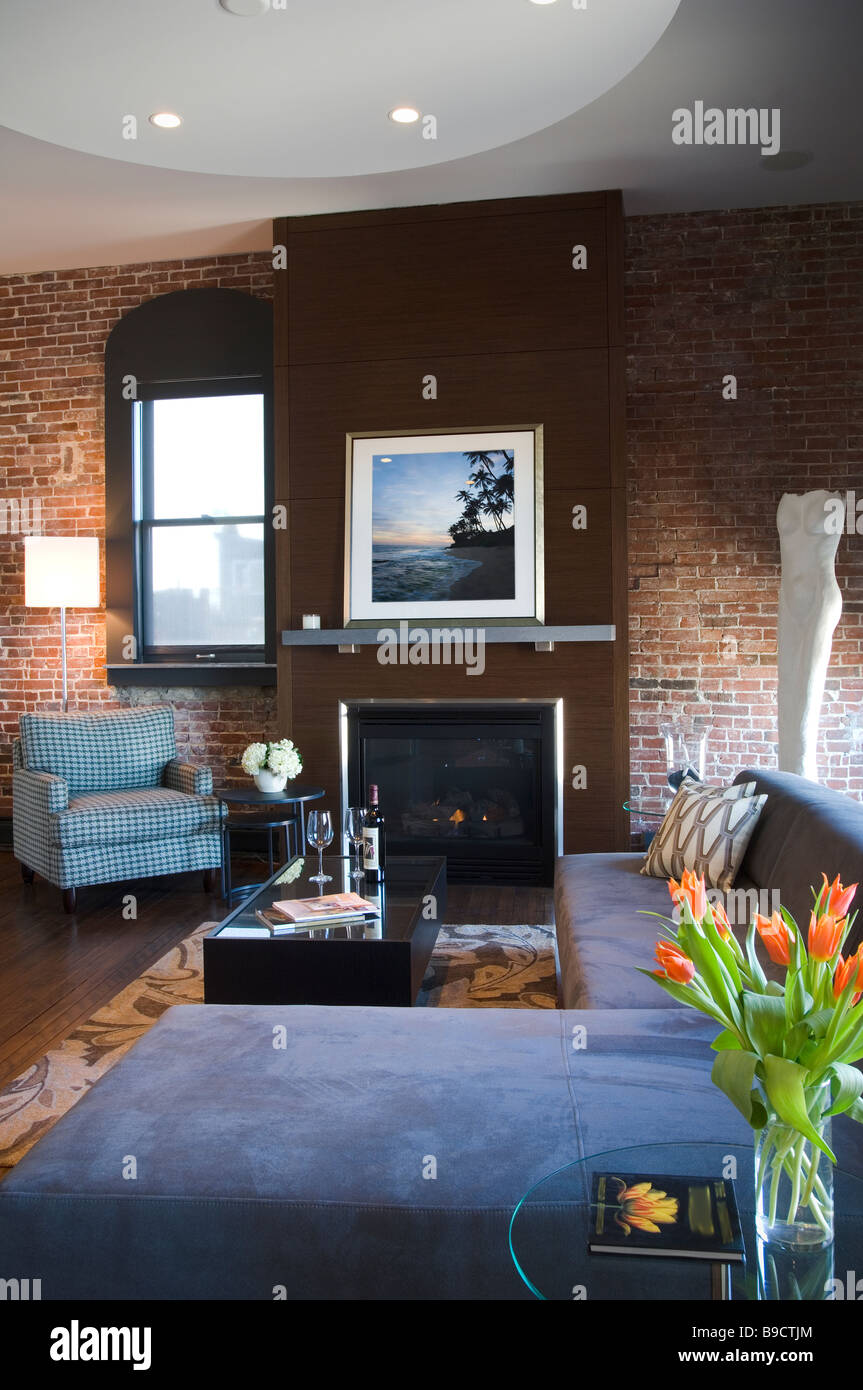 Contemporary living room with brick wall Stock Photo Alamy