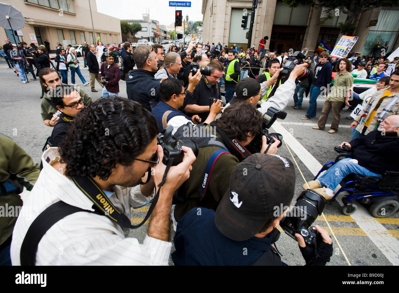 Crowd of Photographers take photos of Ron Kovics Peace March on March 21 2009 Hollywood Boulevard Stock Photo
