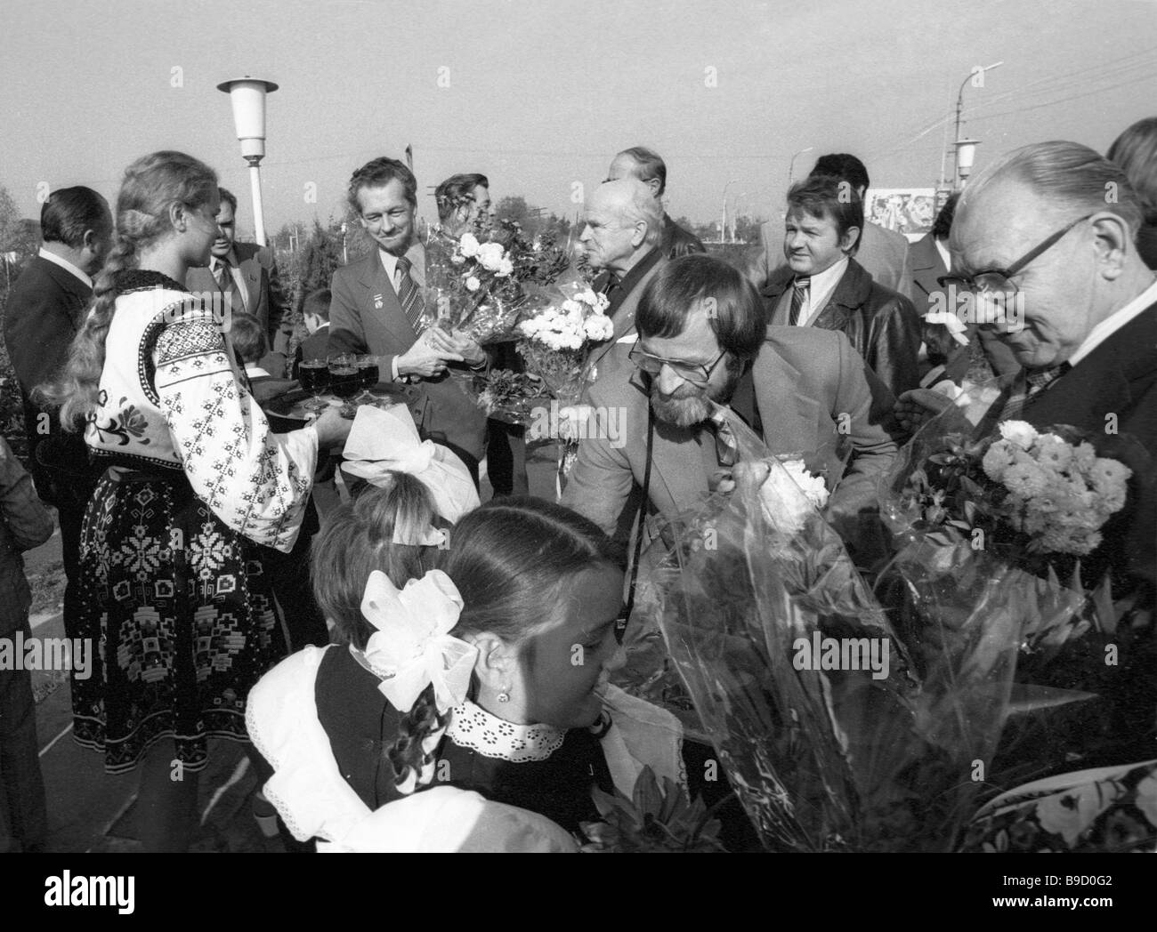 Soviet spaceman Vitaly Sevastyanov 3rd left background and Finnish ...