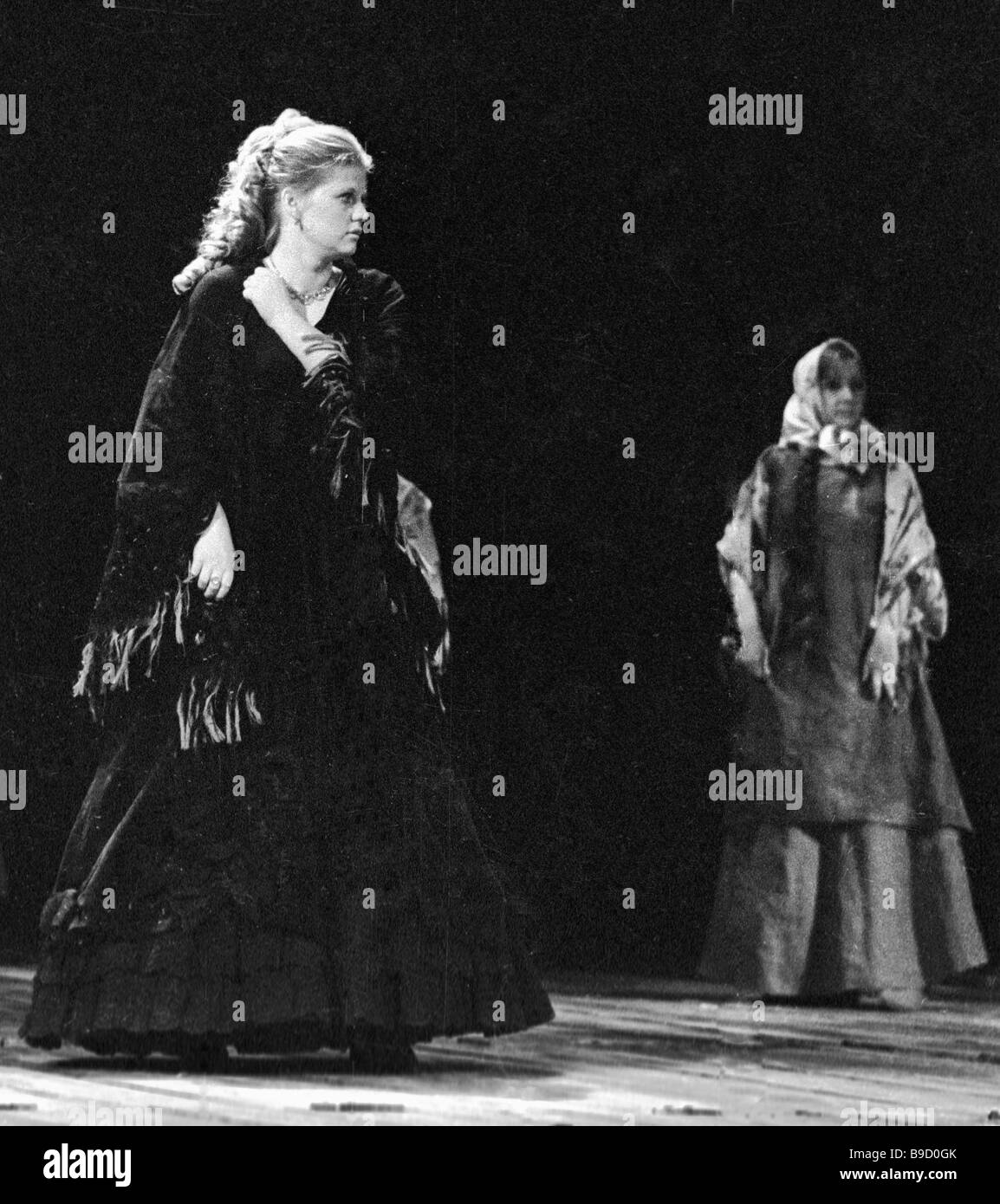 Actress Irina Muravyova as Grushenka in scene from play The Brothers