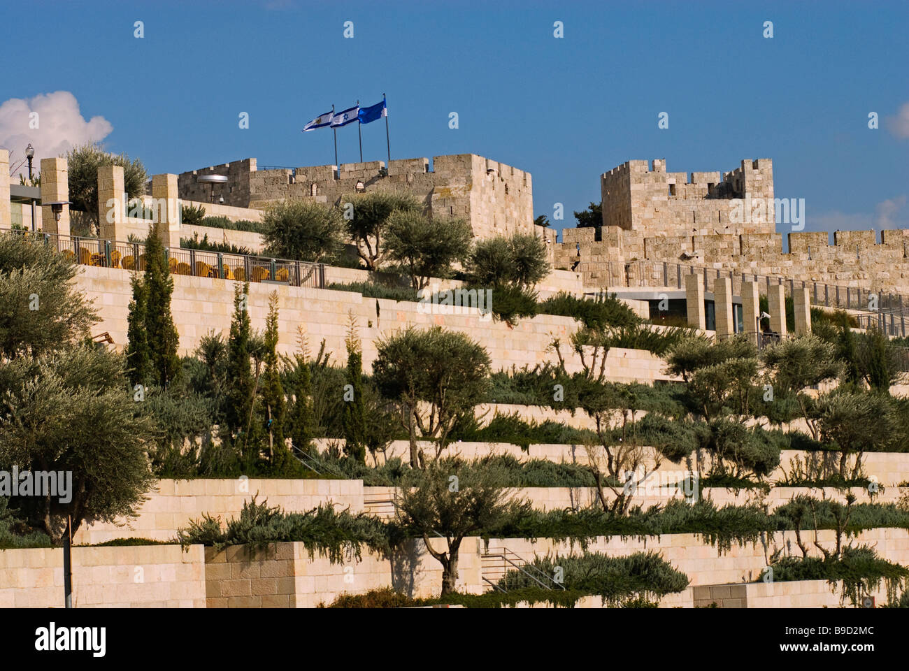 View of the terraced garden of Mamilla neighborhood in front of the western walls of the Old City of Jerusalem Israel Stock Photo