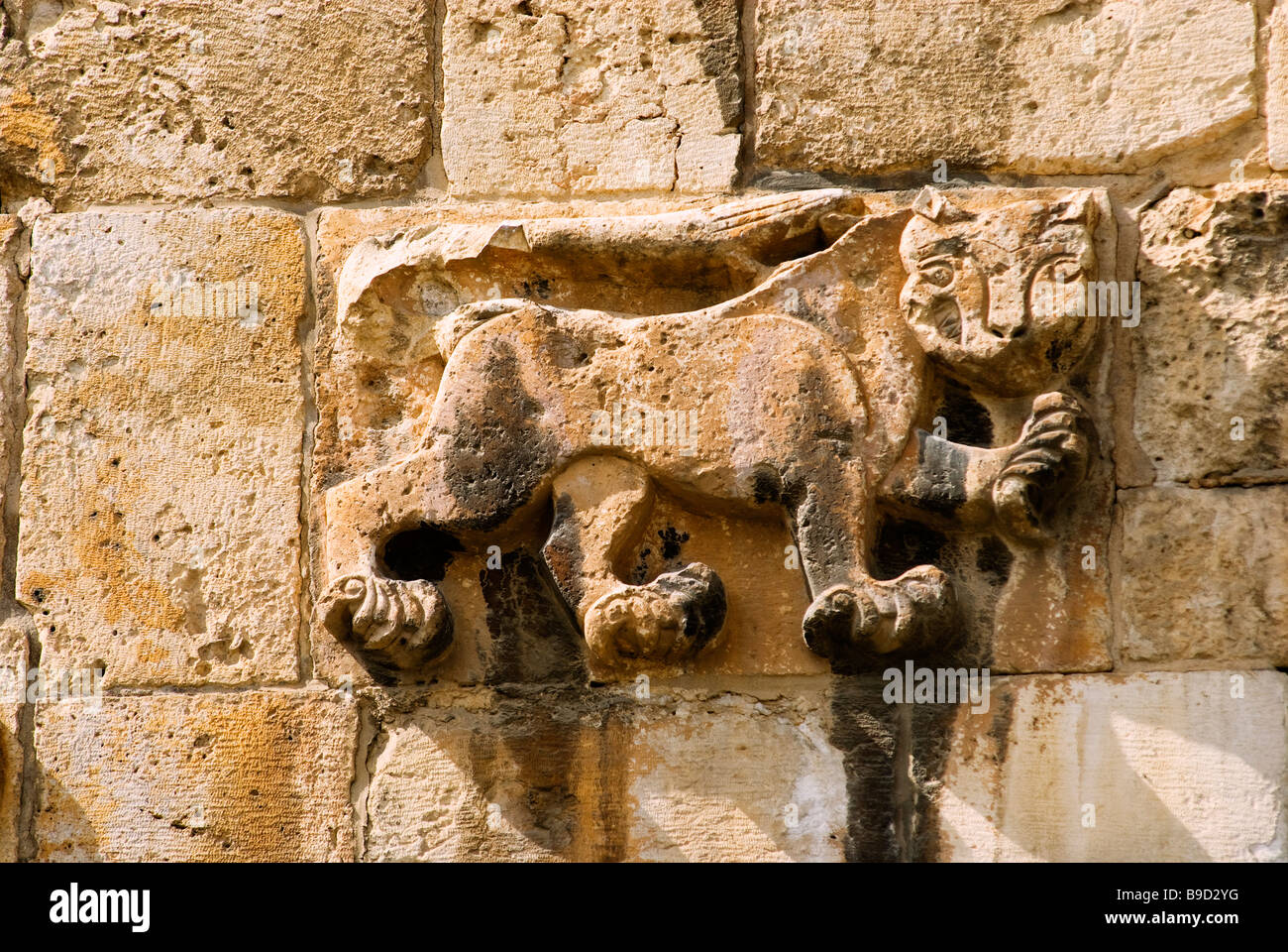 Bas relief carvings depicting a lion on the 16th century Lion's or St Stephen's Gate also Bab al-Asbat in the eastern wall of the Old City Jerusalem Stock Photo