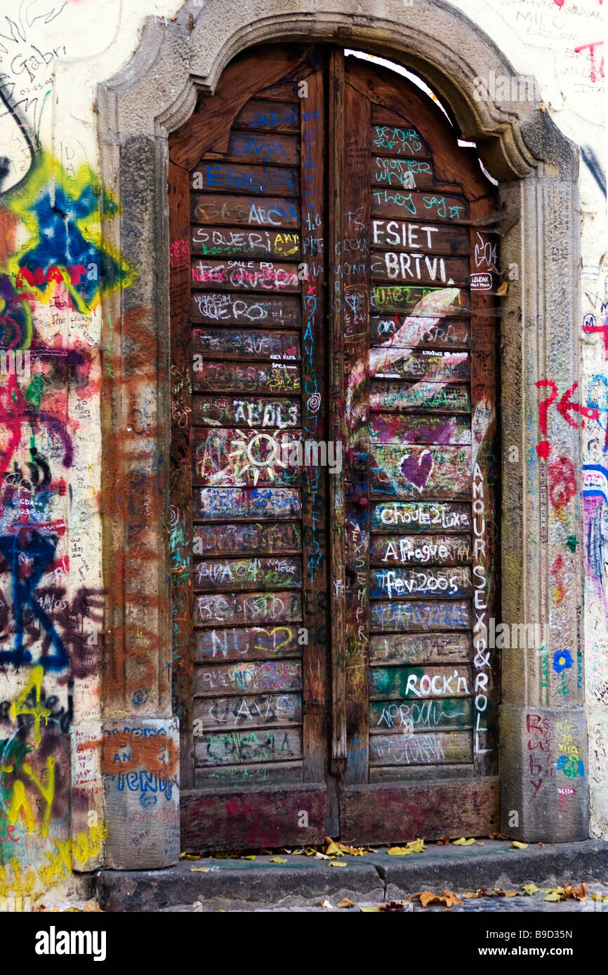 House door covered with graffiti, Prague, Czech republic. Stock Photo