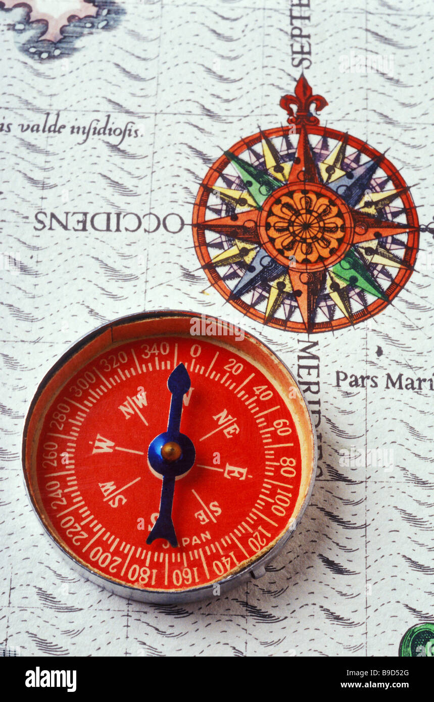 Red compass and rose compass Stock Photo