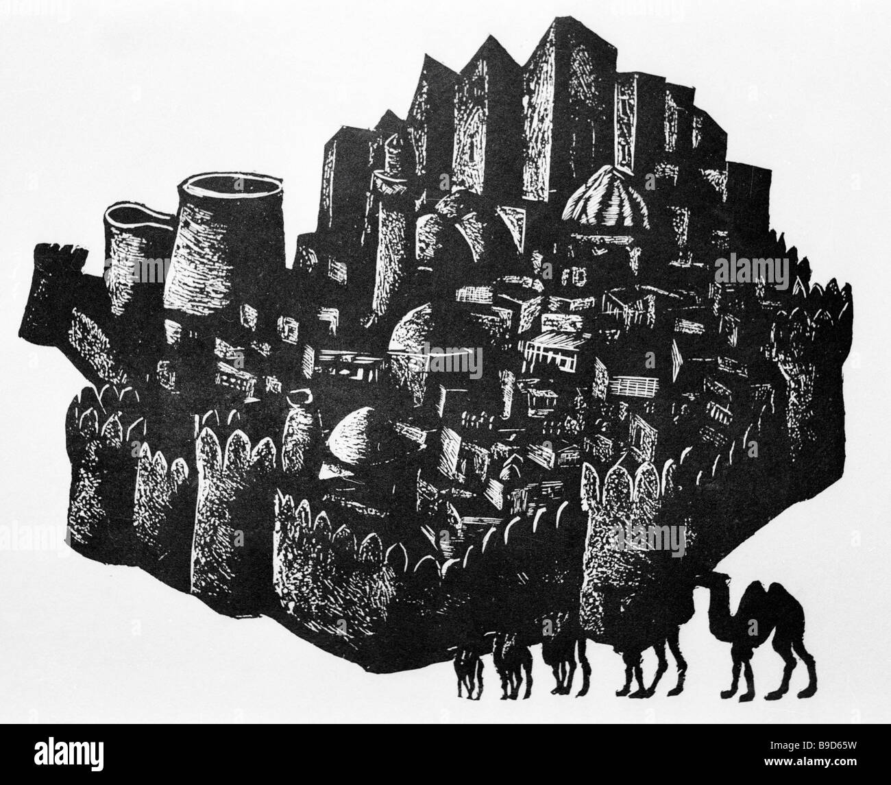 Reproduction of the linoleum engraving Old Baku by Rasim Babayev