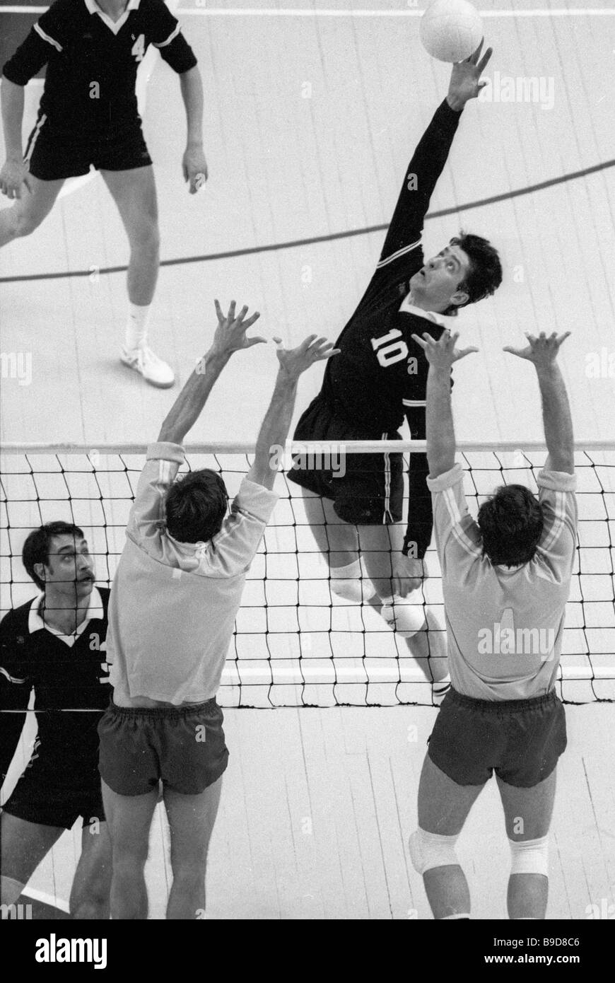 The captain of the U S S R volleyball team Alexander Sorokalet 10 attacking  Stock Photo - Alamy