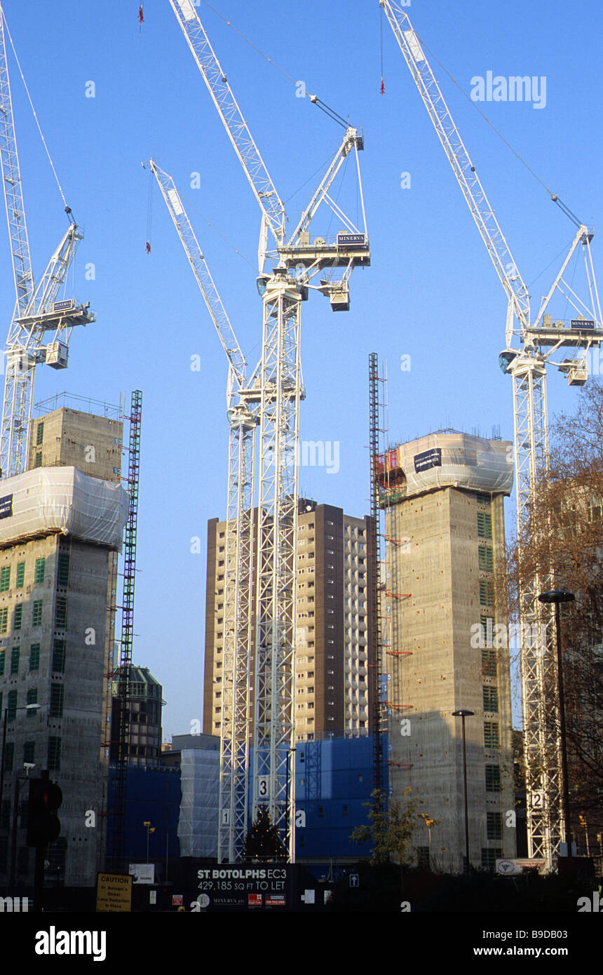 Tower cranes and in-situ concrete cores of St Botolph's development in the City of London. Stock Photo
