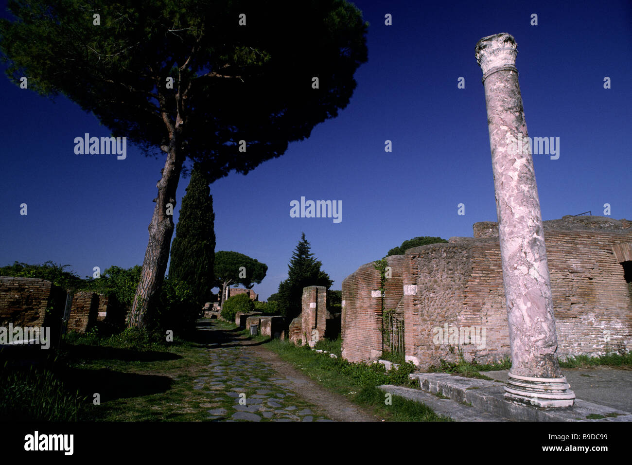 Italy, Rome, Ostia Antica, Decumanus Maximus, on the right Schola del Traiano Stock Photo