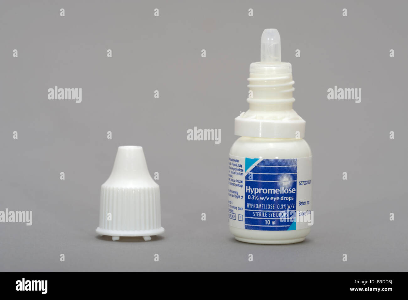 10ml plastic bottle of Hypromellose eye drops and screw top and dropper Stock Photo