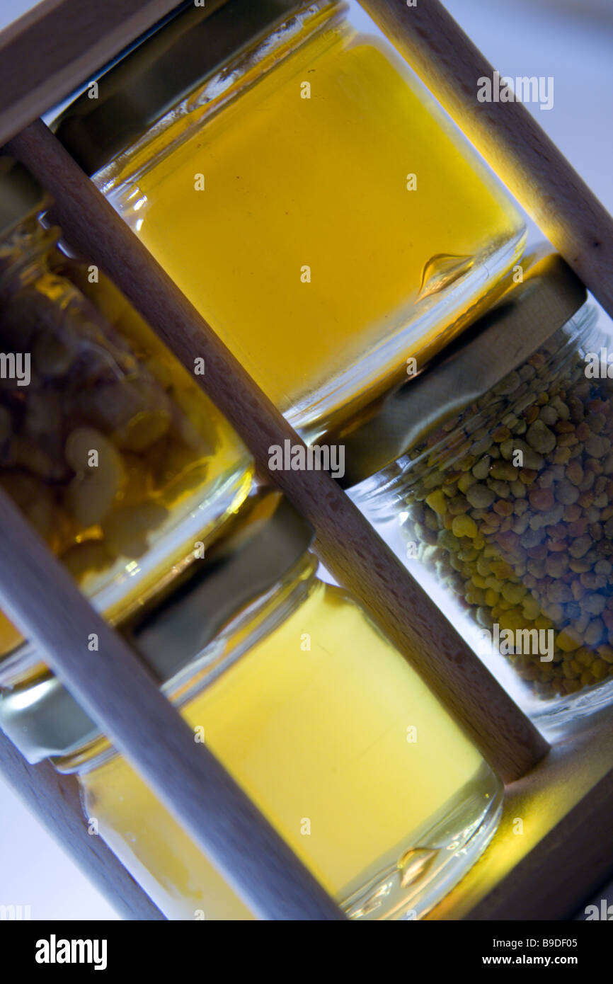 Honey and marmalade in the small jars. Home made food from the grandma