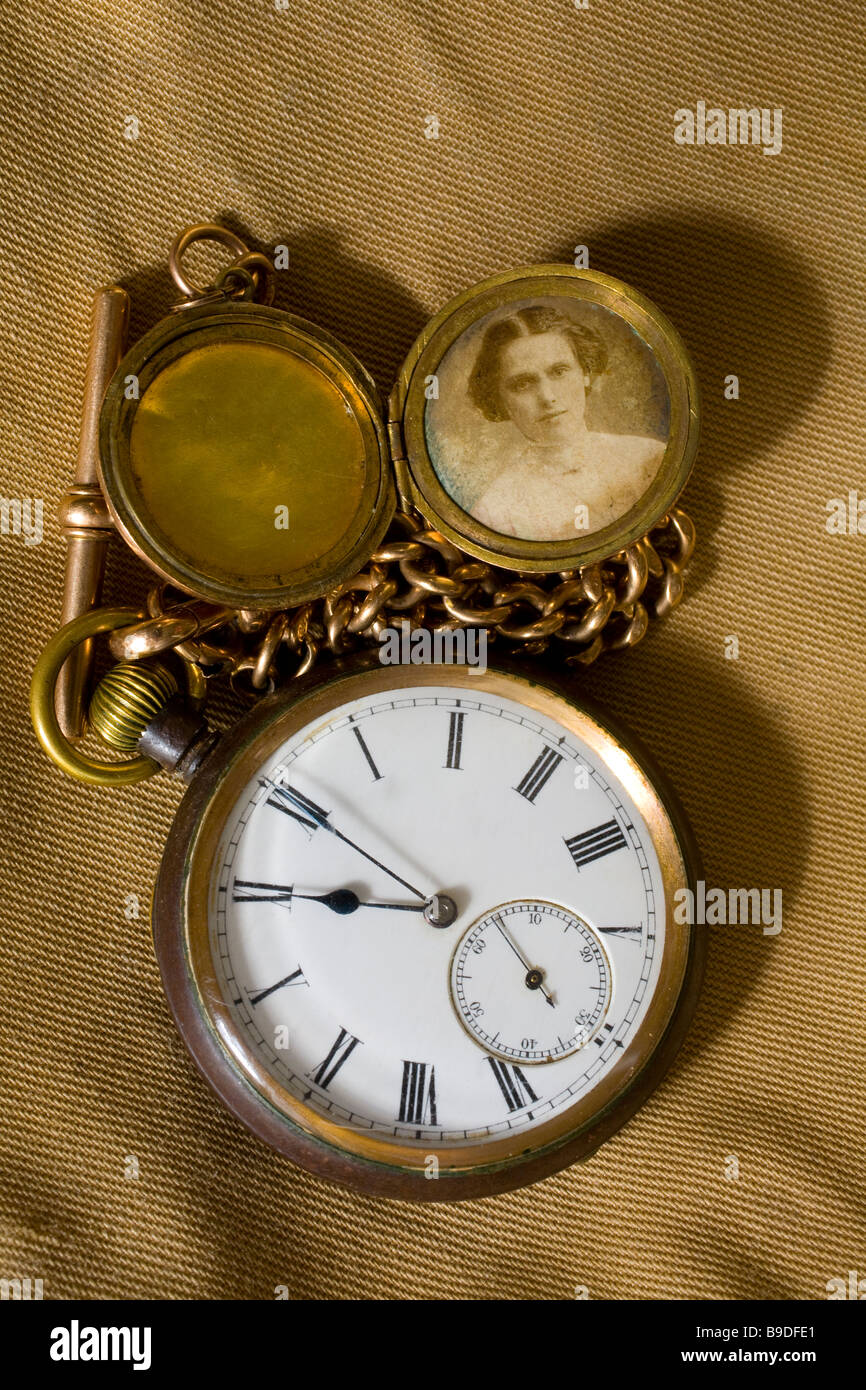 First world war watch owned by Albert Robert Eden. Picture of his wife and sweet heart Hannah Mary 11 eleventh hour day month,close up, Stock Photo