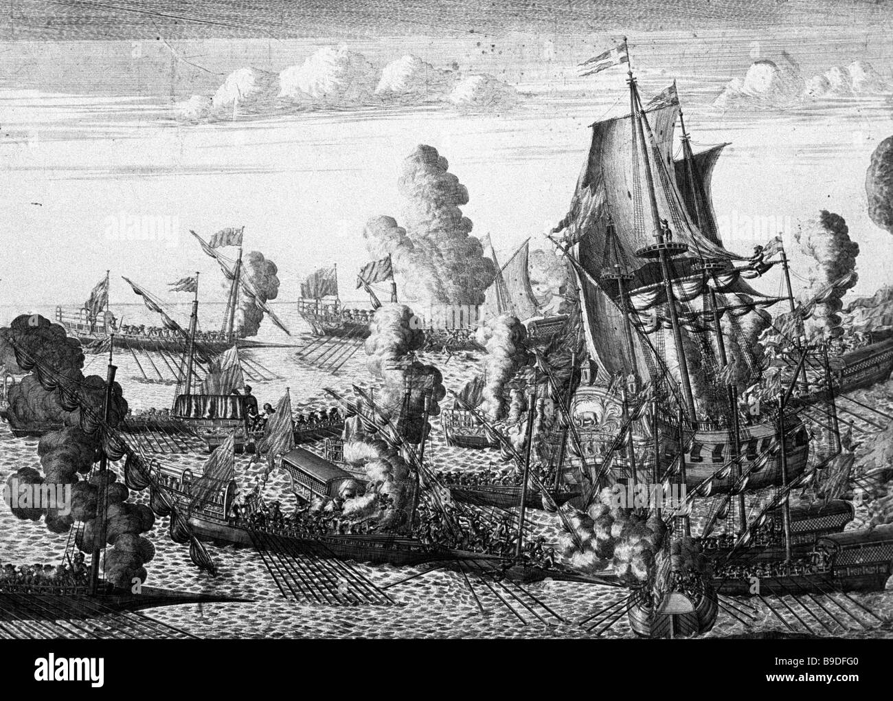 The engraving by Alexei Zubov The Naval Battle of Gangut July 25th 1714 a copy The Moscow State Historical Museum Stock Photo