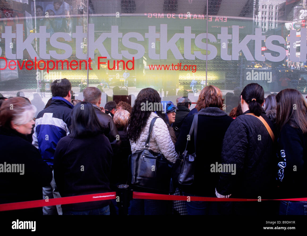 TKTS Ticket booth Times Square Broadway New York .People buying discounted theater tickets for Broadway shows. American culture. New York City USA Stock Photo