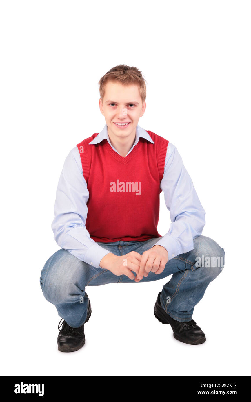 Boy in red jacket sits Stock Photo Alamy