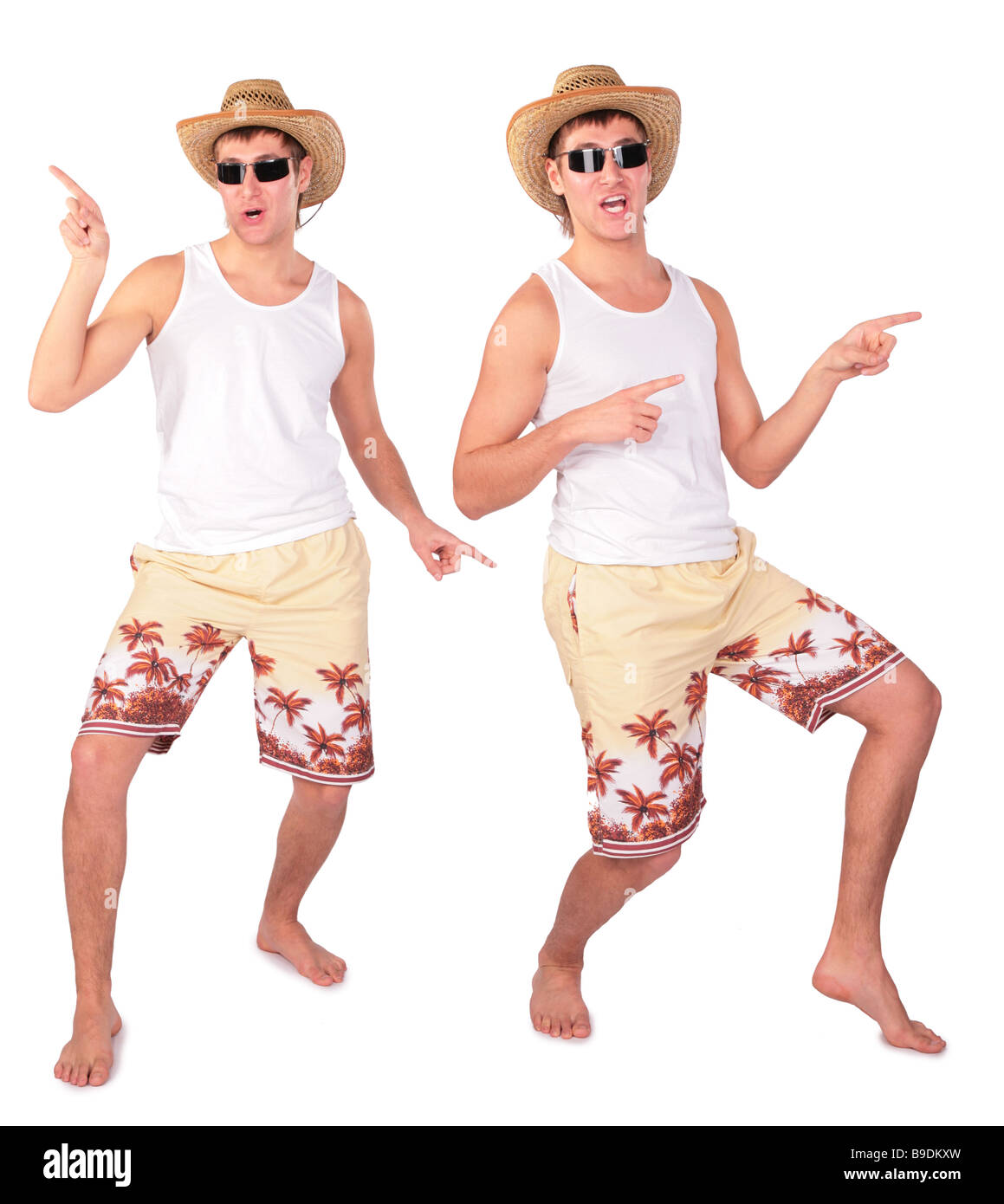 young man in sunglasses and hat dances Stock Photo