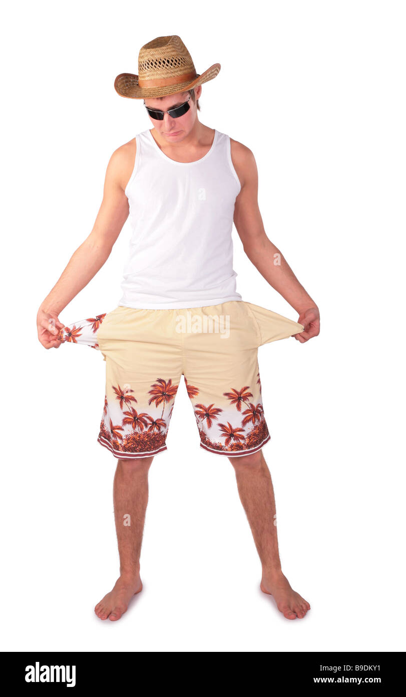 young man in shorts with splay empty pockets Stock Photo