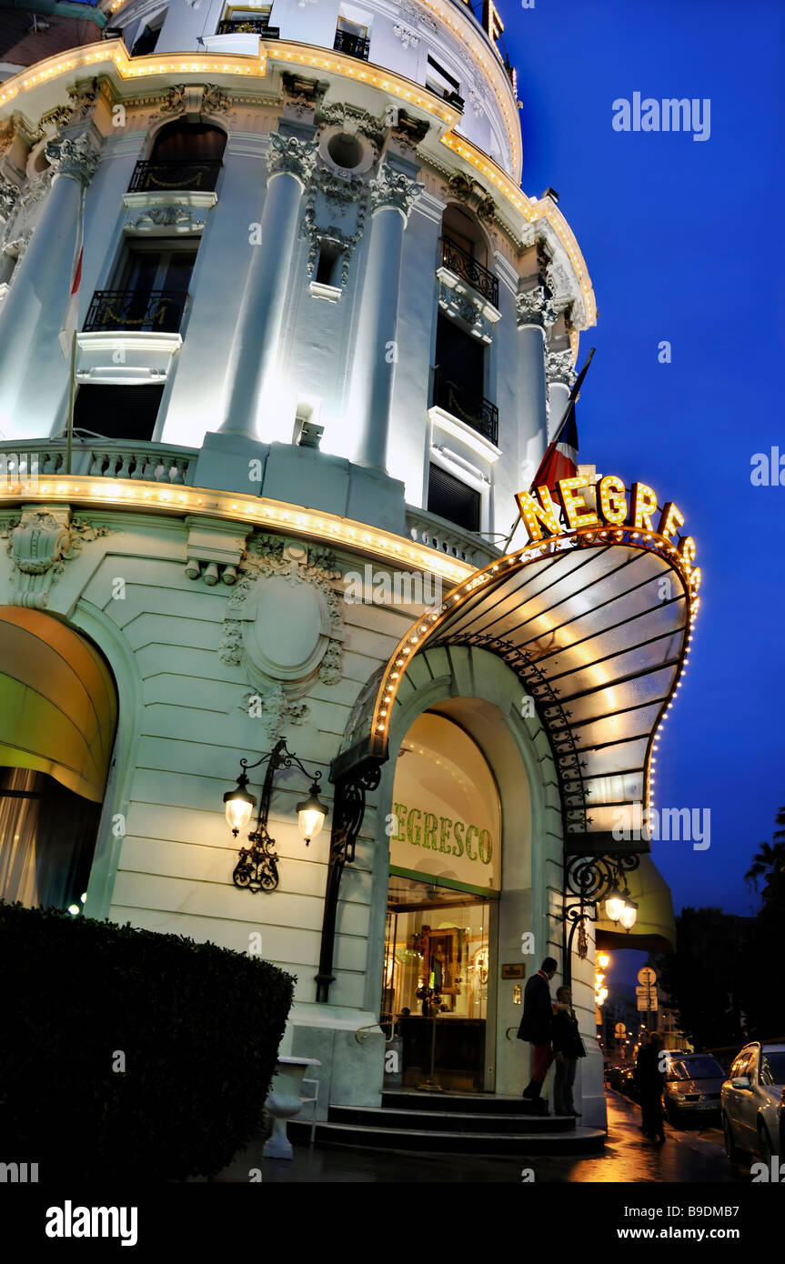 Nice France, Front Entrance, Luxury Hotel, 'Hotel Negresco', Lit up at Night, 'Promenade des Anglais' hotel entrance exterior Stock Photo