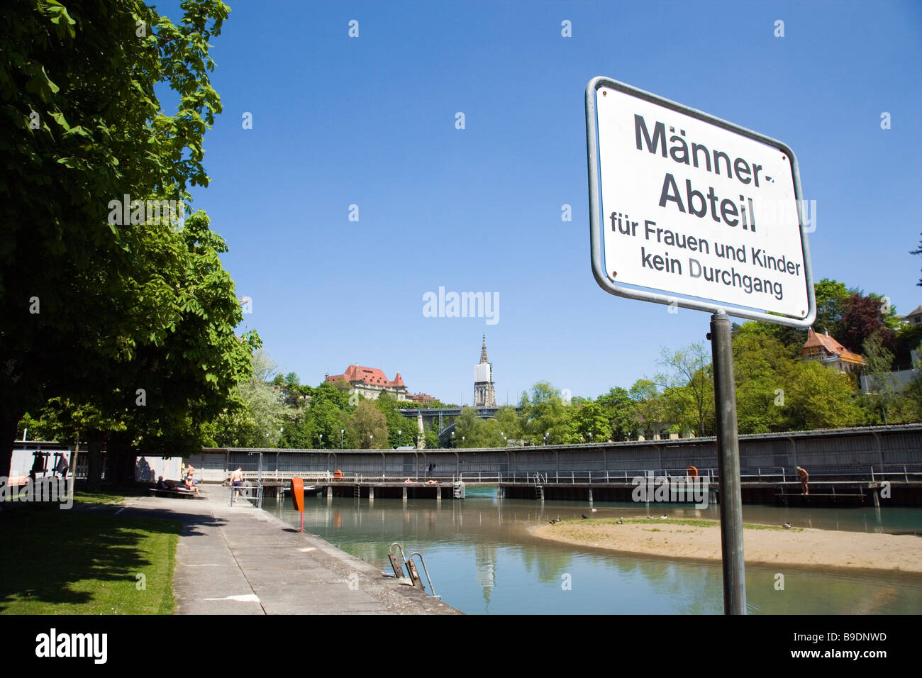 Marzili lido at river Aare Men Only sign Berne Canton of Berne Switzerland Stock Photo