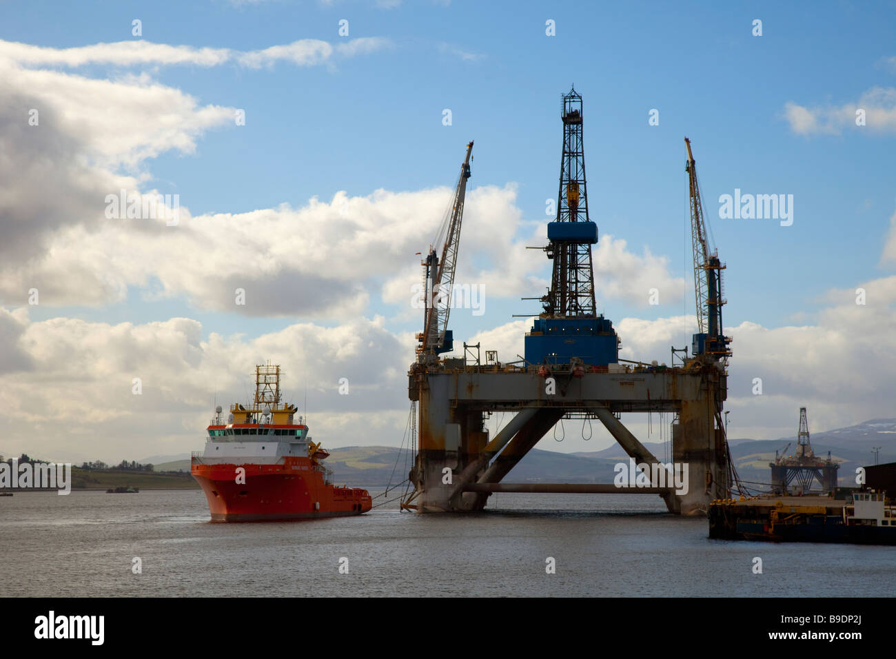 Sub Sea Drilling Platform and service boat at Invergordon, Cromarty Firth in northern Scotland, UK Stock Photo