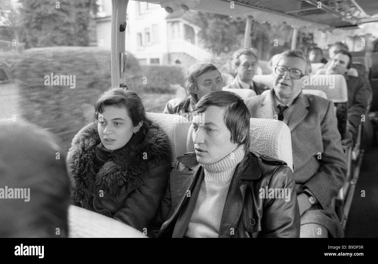 Soviet chess players Nana Ioseliani left and Anatoly Karpov on the