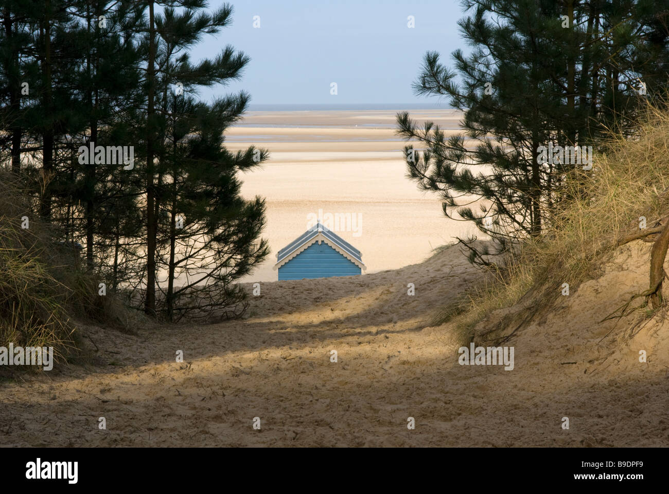 A single beach hut seen through the dune on Holkham beach Wells-next-the-sea Norfolk England Stock Photo
