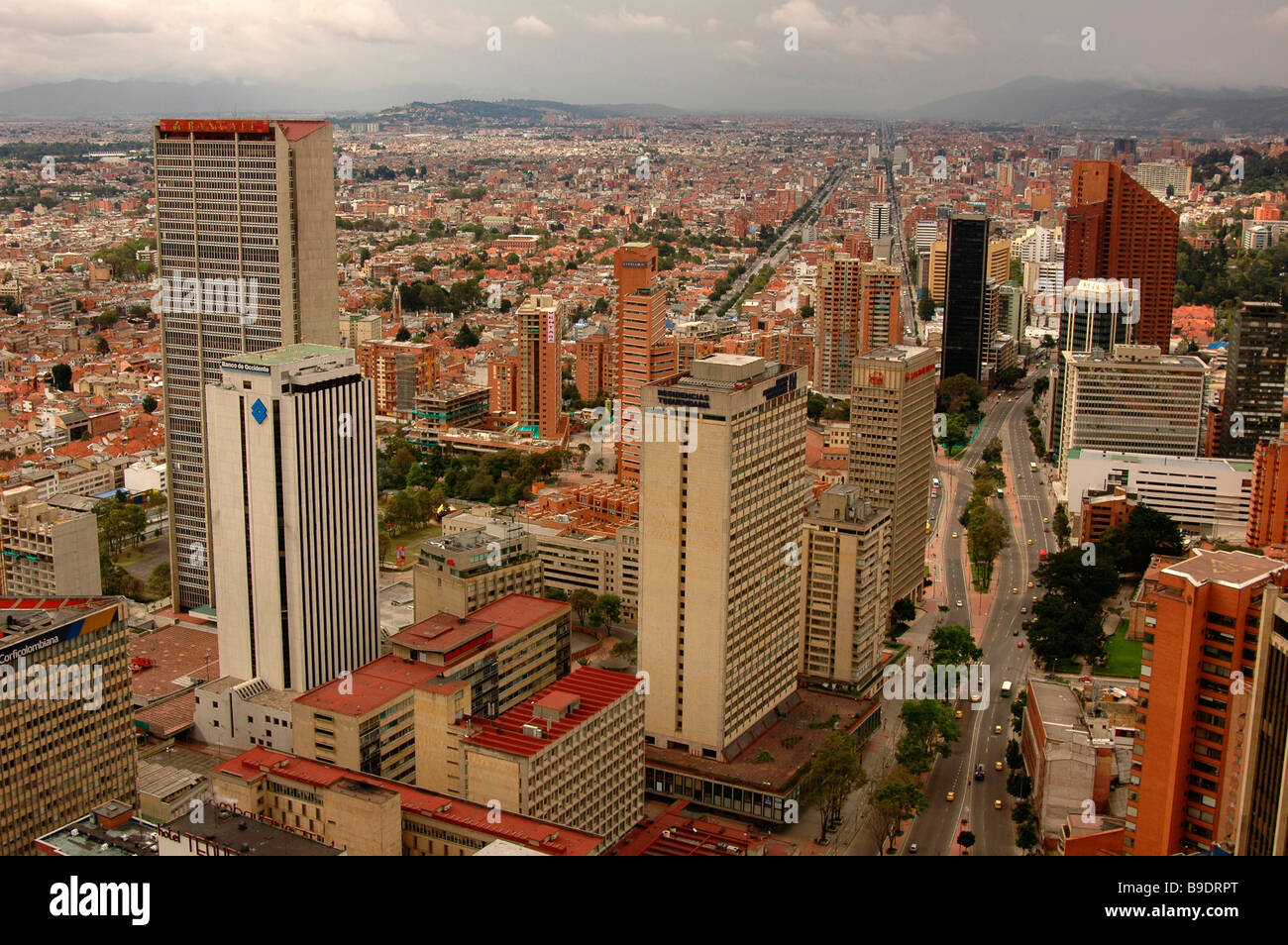 Skyscrapers buildings street megalopolis city highway Bogota Colombia south America offices business urban Carrera calle view Stock Photo