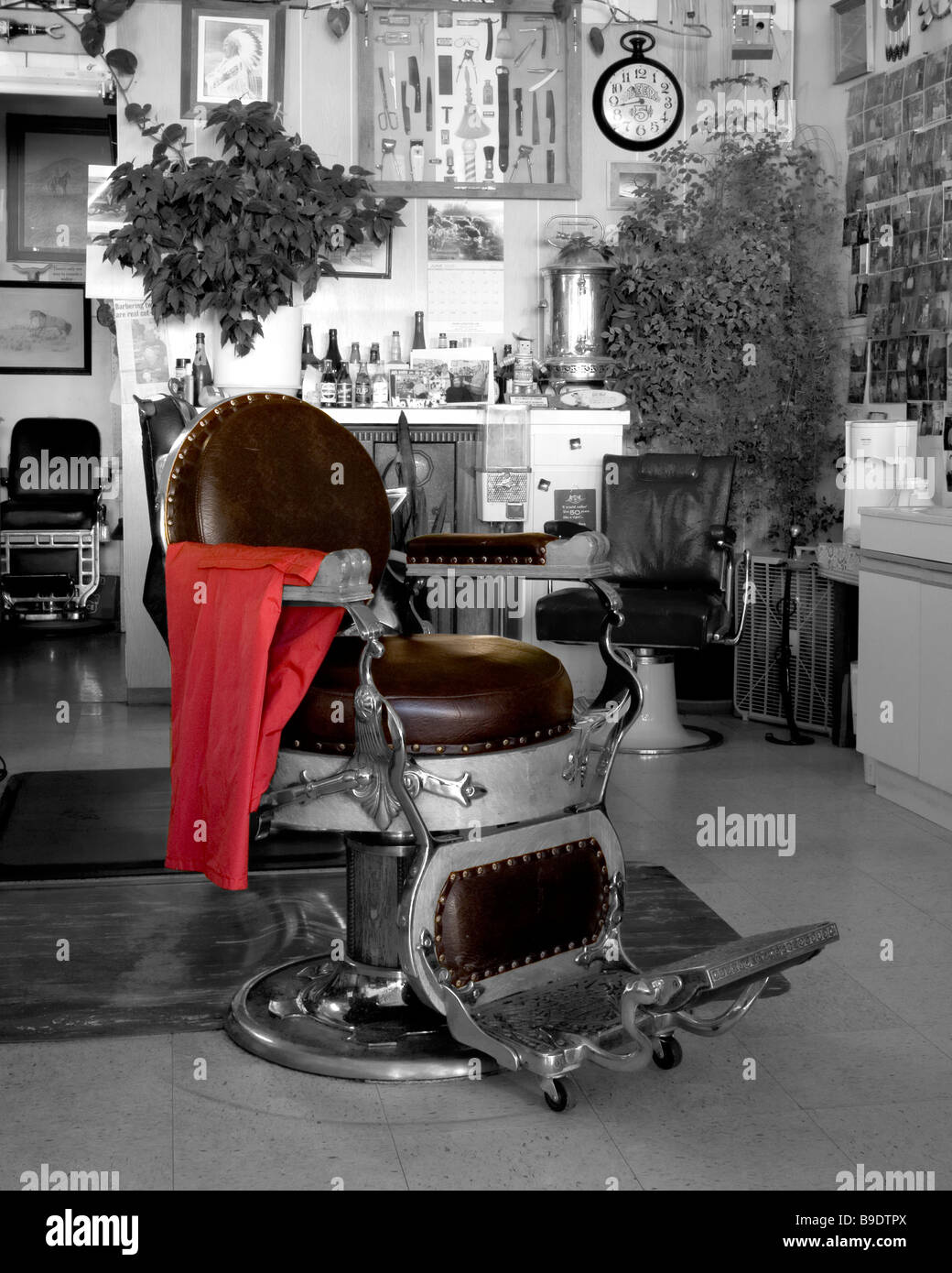 An oldfashioned barber chair in a small town barber shop in Fort