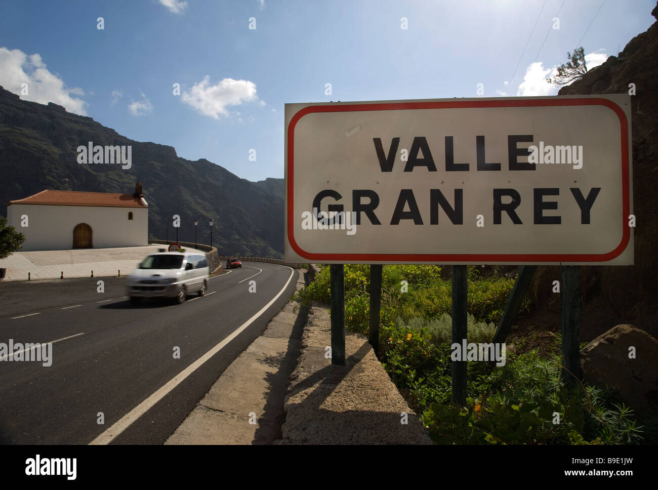 Roadsign welcoming drivers to Valle Gran Rey La Gomera in the Canary Islands Stock Photo