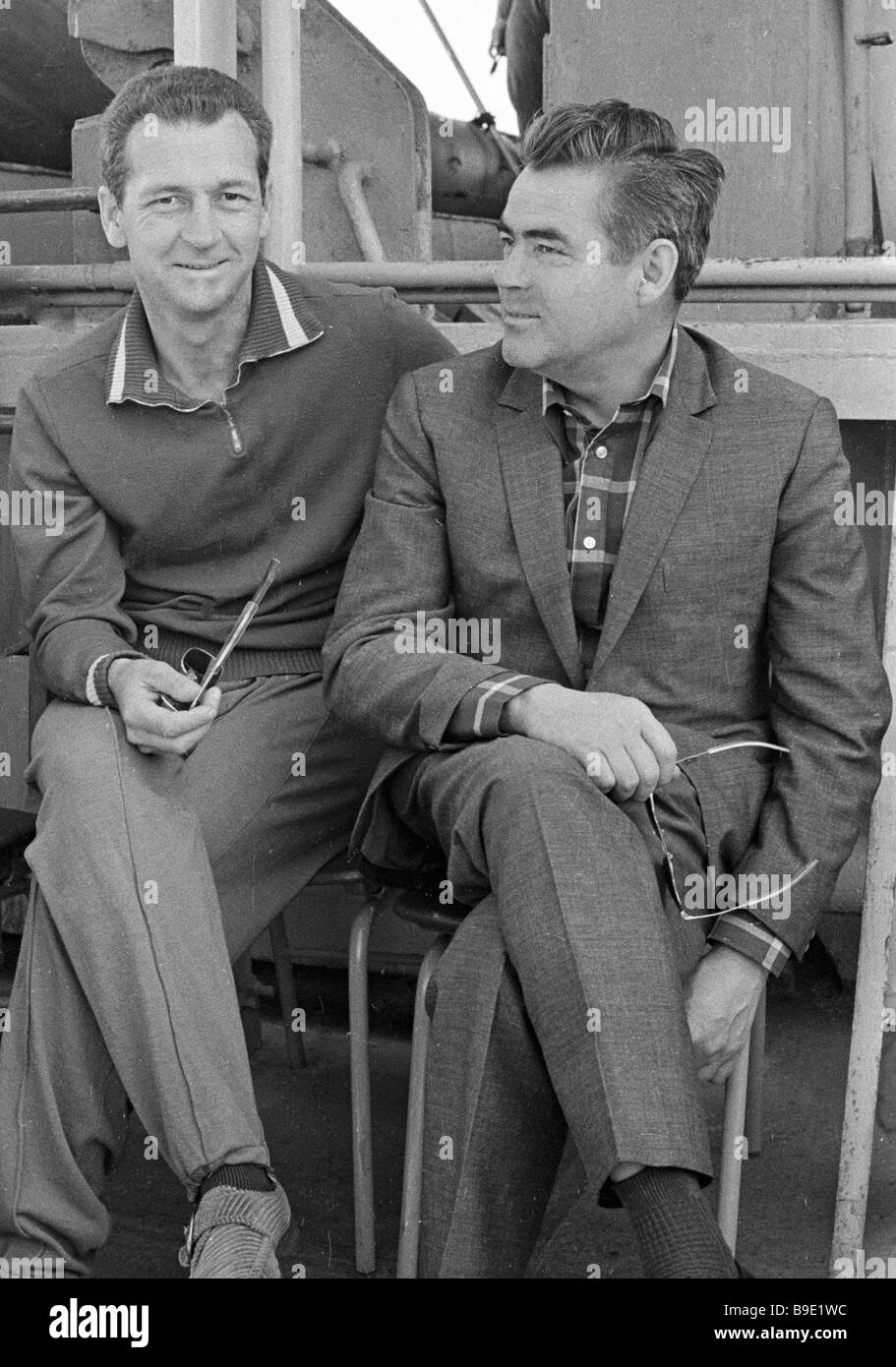 Soviet pilot-cosmonauts Andriyan Nikolayev (right) and Vitaly