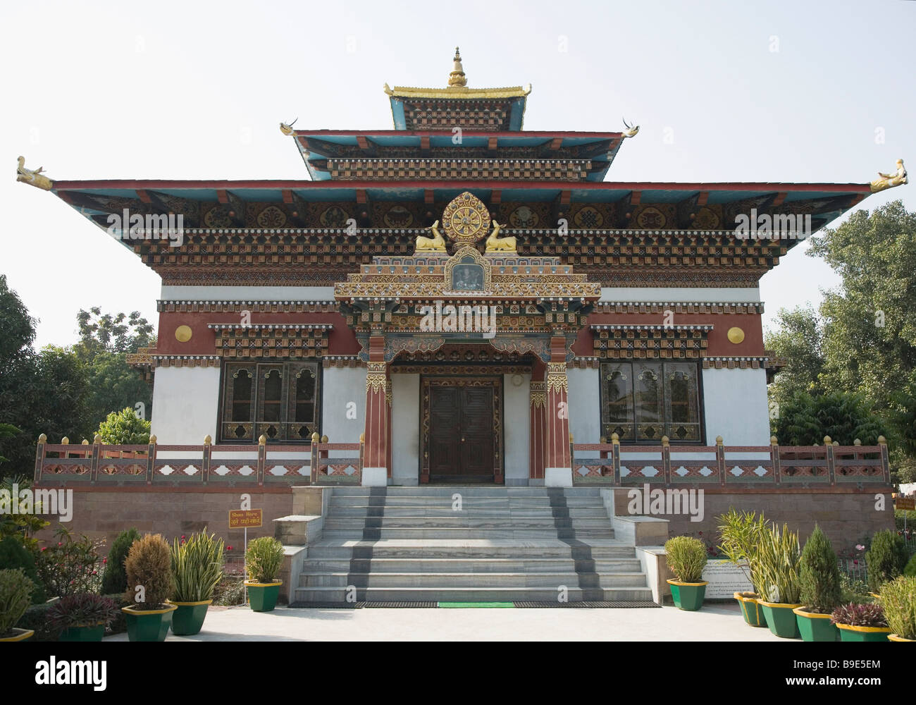 Facade of a temple, Bhutan Temple, Bodhgaya, Gaya, Bihar, India Stock Photo