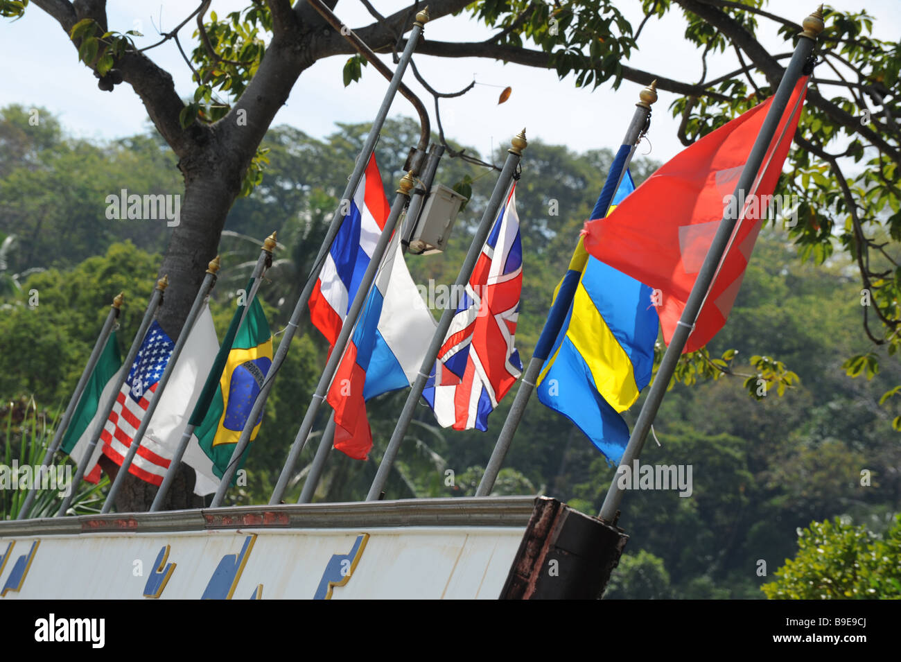 Flags of the nations on Phi Phi island off the coast of Phuket Thailand Stock Photo