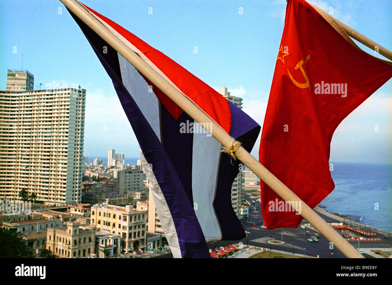 Soviet and Cuban flags waving over Havana in the days of the Cuba visit