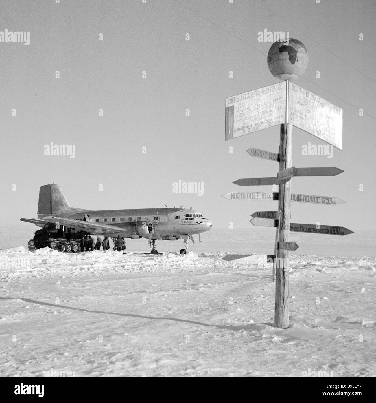 The Vostok Antarctic research station signpost indicates its distance ...