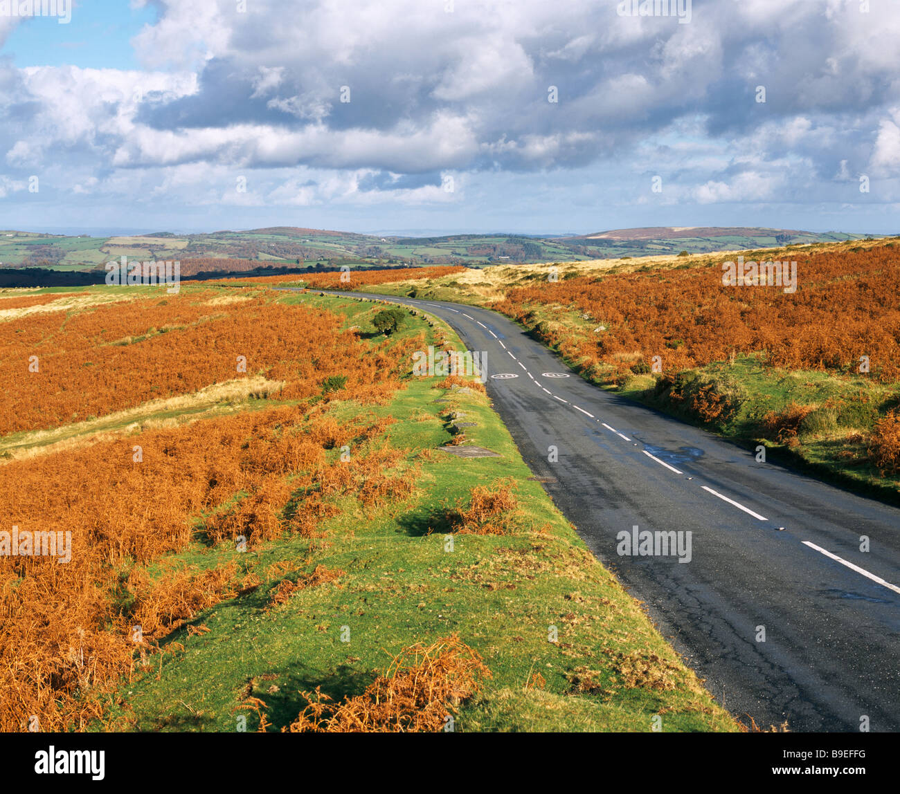 Road running through central Dartmoor National Park towards