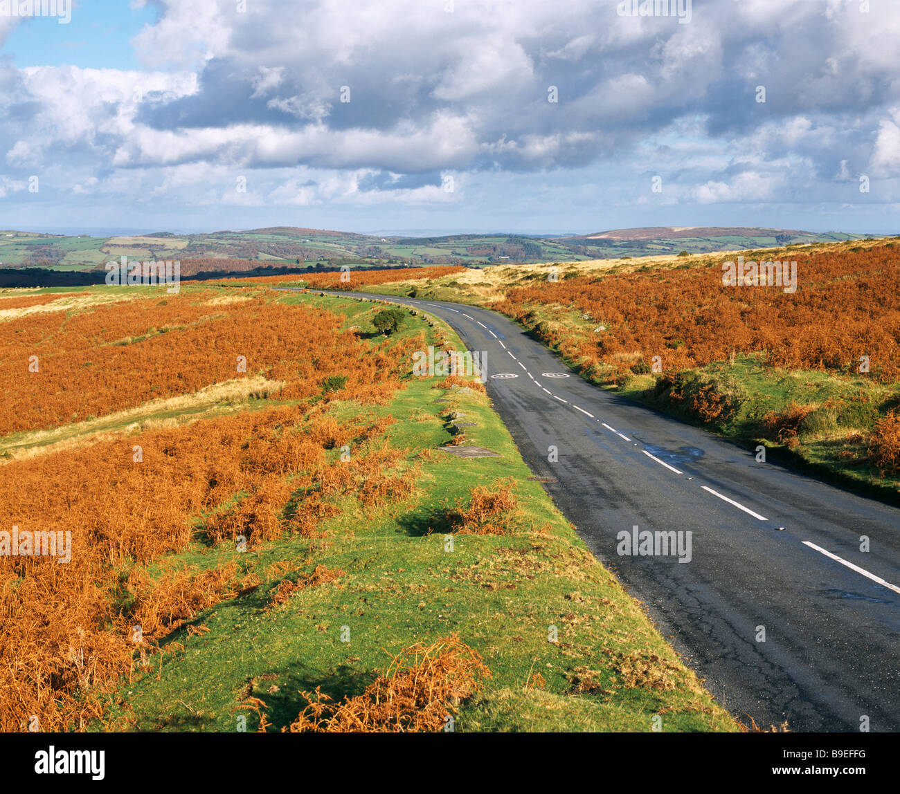 Road running through central Dartmoor National Park towards Moretonhampstead, Devon, England. Stock Photo